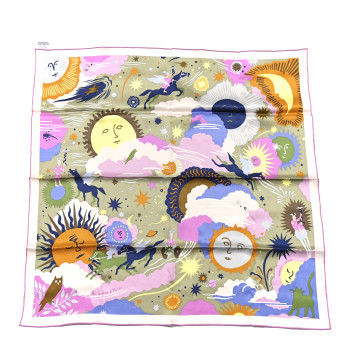 HERMES Silk Au Royaume d'Helios Scarf 70 Vert Amande Parme Ocre