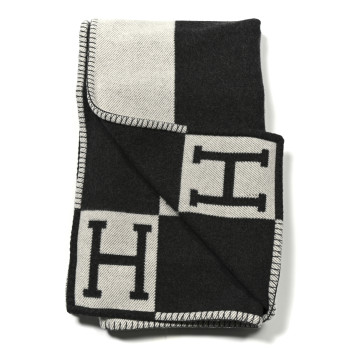 HERMES Wool Cashmere Avalon Blanket Ecru Gris Fonce