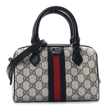 GUCCI GG Supreme Monogram Textured Dollar Calfskin Web Mini Ophidia Top Handle Bag Beige Blue