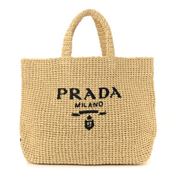 PRADA Yarn Raffia Effect Crochet Embroidered Logo Tote Naturale