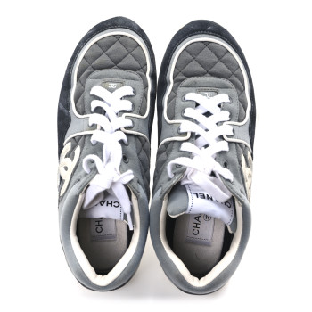 CHANEL Fabric Suede Calfskin Quilted CC Sneakers 39 Dark Grey
