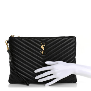 SAINT LAURENT Calfskin Matelasse Monogram Cassandre Tablet Pouch Black