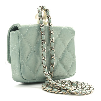 CHANEL Iridescent Caviar Quilted Pearl On Top Coin Purse With Chain Light Green
