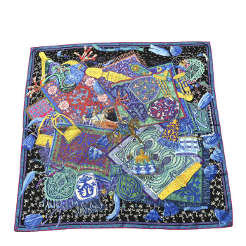 HERMES Silk Cavaliers du Caucase Scarf 90 Black Bleu Vert