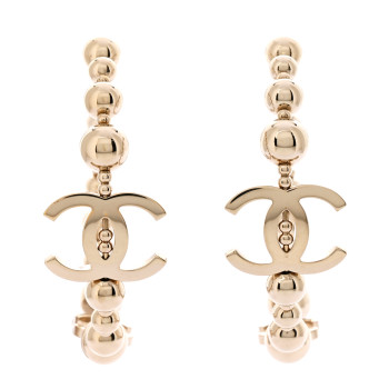 CHANEL Metal Bead CC Hoop Earrings Gold