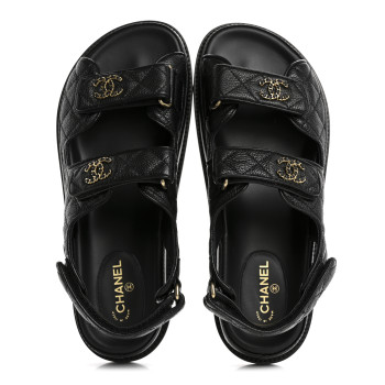 CHANEL Grained Calfskin Velcro Dad Sandals 38.5 Black