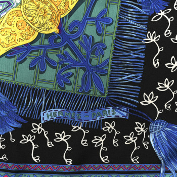 HERMES Silk Cavaliers du Caucase Scarf 90 Black Bleu Vert