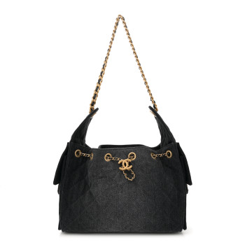 CHANEL Washed Denim Quilted Small Chanel 25 Handbag Black
