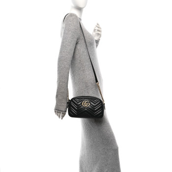 GUCCI Calfskin Matelasse Small GG Marmont Chain Shoulder Bag Black