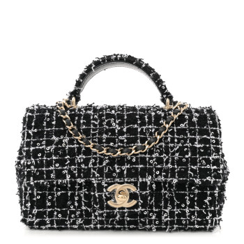 CHANEL Tweed Quilted Mini Top Handle Rectangular Flap Black White
