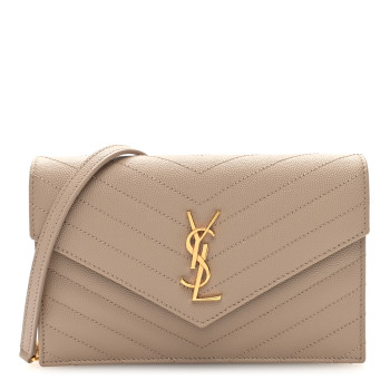 SAINT LAURENT Grain De Poudre Matelasse Chevron Monogram Envelope Chain Wallet Dark Beige