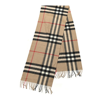 BURBERRY Cashmere Giant Check Fringe Scarf Camel