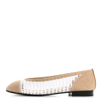CHANEL Raffia Cap Toe Ballerina Flats 38.5 White Beige