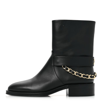CHANEL Calfskin Chain Short Boots 37.5 Black