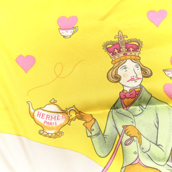 HERMES Silk Tea Time Scarf 70 Jaune Gris Perle