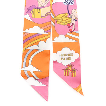 HERMES Silk Carres Volants Twilly Orange Rose Malaba
