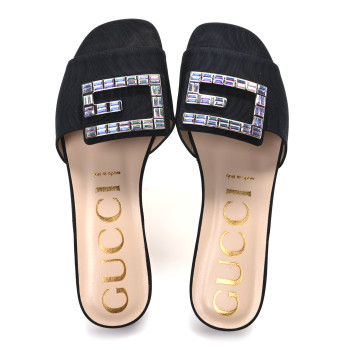 GUCCI Malaga Kid Suede Crystal Square G Madelyn Slide Sandals 38 Black