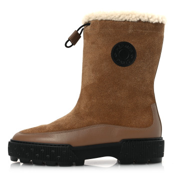 HERMES Suede Shearling Calfskin Womens Journey Ankle Boots 37 Brun Fumé Ecru