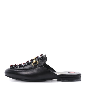 GUCCI Malaga Kid Crystal Embroidered Womens Princetown Slippers 36.5 Black