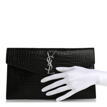 SAINT LAURENT Calfskin Crocodile Embossed Uptown Monogram Pouch Black