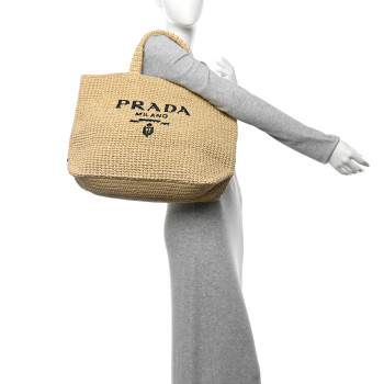 PRADA Yarn Raffia Effect Crochet Embroidered Logo Tote Naturale