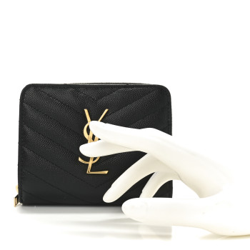 SAINT LAURENT Grain De Poudre Matelasse Chevron Monogram Compact Zip Around Wallet Black