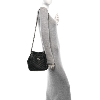 CHANEL Deerskin Chevron Small CC Chain Bucket Bag Black