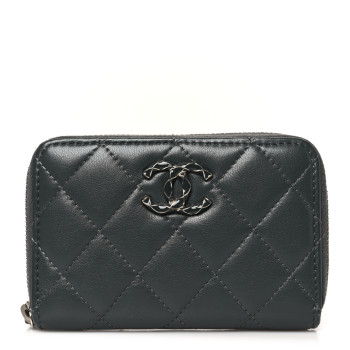 CHANEL Lambskin Enamel Quilted Zip Around Coin Purse Wallet Grey