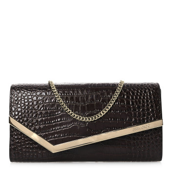 JIMMY CHOO Calfskin Crocodile Embossed Emmie Clutch Bag Chocolate