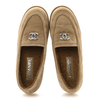 CHANEL Suede Calfskin CC Loafers 39 Dark Beige
