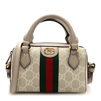 GUCCI GG Supreme Monogram Textured Dollar Calfskin Web Super Mini Ophidia Top Handle Bowler Bag Beige Mystic White Oatmeal