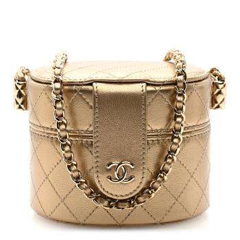 CHANEL Metallic Lambskin Quilted Round Mini Vanity Case With Chain Gold