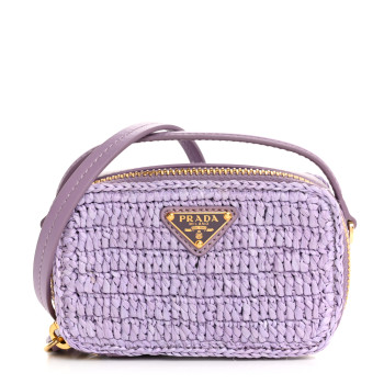 PRADA Yarn Raffia Effect Calfskin Crochet Metal Triangle Logo Mini Pouch with Handle Lilium