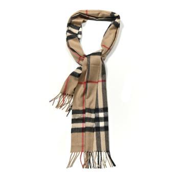 BURBERRY Cashmere Giant Check Fringe Scarf Camel