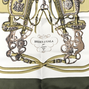 HERMES Silk Brides De Gala Pocket Square Scarf 45 Vert White