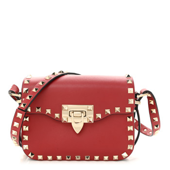 VALENTINO GARAVANI Vitello Small Rockstud Flap Saddle Bag Red