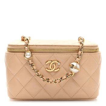CHANEL Shiny Lambskin Pearl Quilted Small Vanity Case With Chain Beige