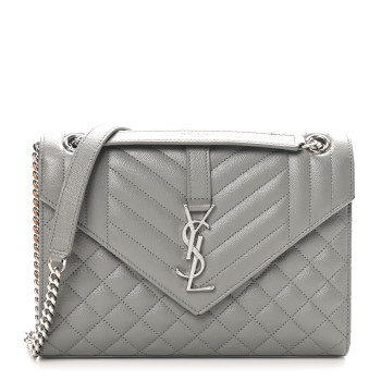 SAINT LAURENT Grain De Poudre Textured Mixed Matelasse Medium Triquilt Monogram Satchel  New Stone Grey