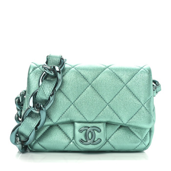 CHANEL Metallic Lambskin Quilted Mini Lacquered Chain Flap Turquoise