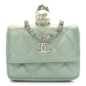 CHANEL Iridescent Caviar Quilted Pearl On Top Coin Purse With Chain Light Green