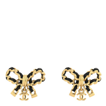 CHANEL Lambskin Chain Bow Stud Earrings Black Gold