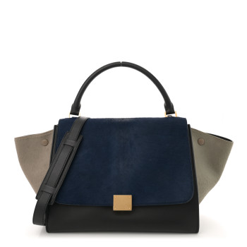 CELINE Pony Hair Smooth Calfskin Tri-Color Medium Trapeze Blue Taupe Black
