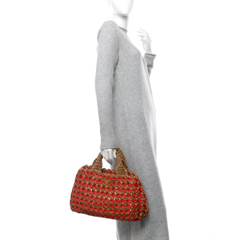 PRADA Raffia Crochet Bi-Color Small Tote Naturale Rosso