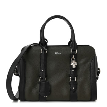 ALEXANDER MCQUEEN Pebbled Calfskin Small Skull Padlock Zip Around Tote Military Green Black