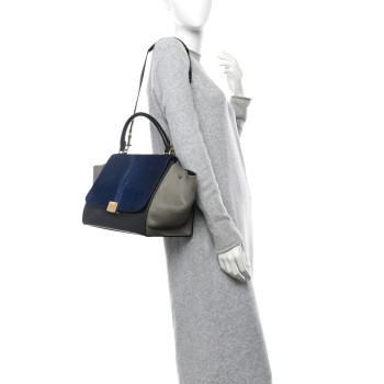 CELINE Pony Hair Smooth Calfskin Tri-Color Medium Trapeze Blue Taupe Black