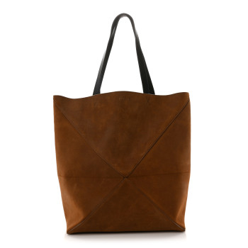 LOEWE Suede Large Puzzle Fold Tote Cognac