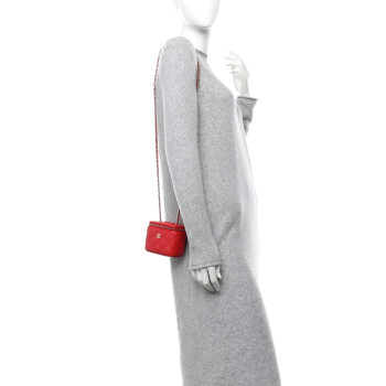 CHANEL Caviar Quilted Mini Vanity Case With Chain Red