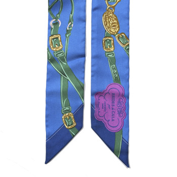 HERMES Silk Brides De Gala Applique Pique Twilly Bleu Azur Vert Gold