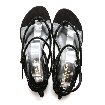 SAINT LAURENT Suede Calfskin Crystal Embellished Nadja Sandals 37.5 Black