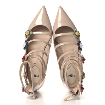 FENDI Patent Flowerland Strappy Flats 38 Nude